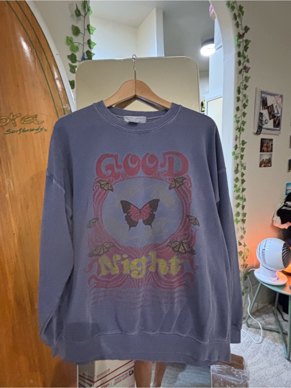 Project Social Urban Outfitters faded navy 'Good Night' Butterfly Sweatshirt L